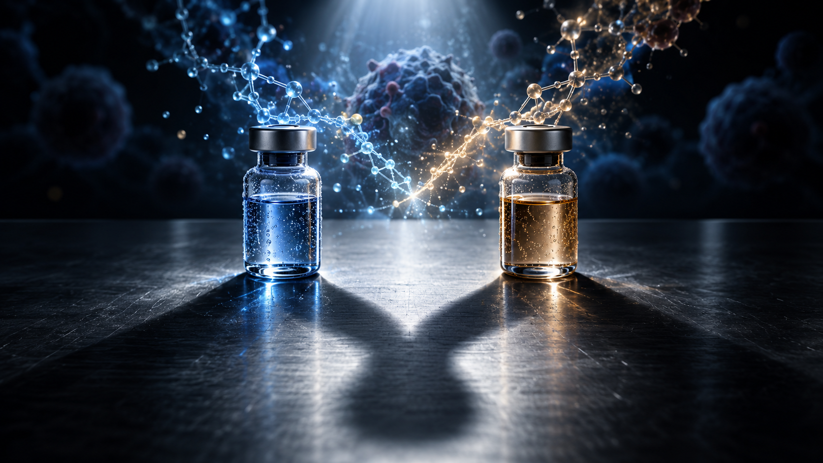 Editorial illustration for the Prognyx briefing on datopotamab deruxtecan (Datroway) plus ivonescimab, TROP2 ADC + PD-1 x VEGF bispecific antibody